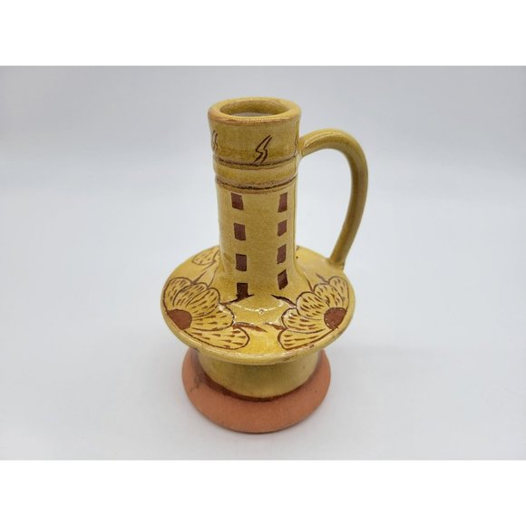 Pennsylvania Yellow Ware Glazed Chimney Candlestick W/Handle Incised Design - Picture 2 of 14